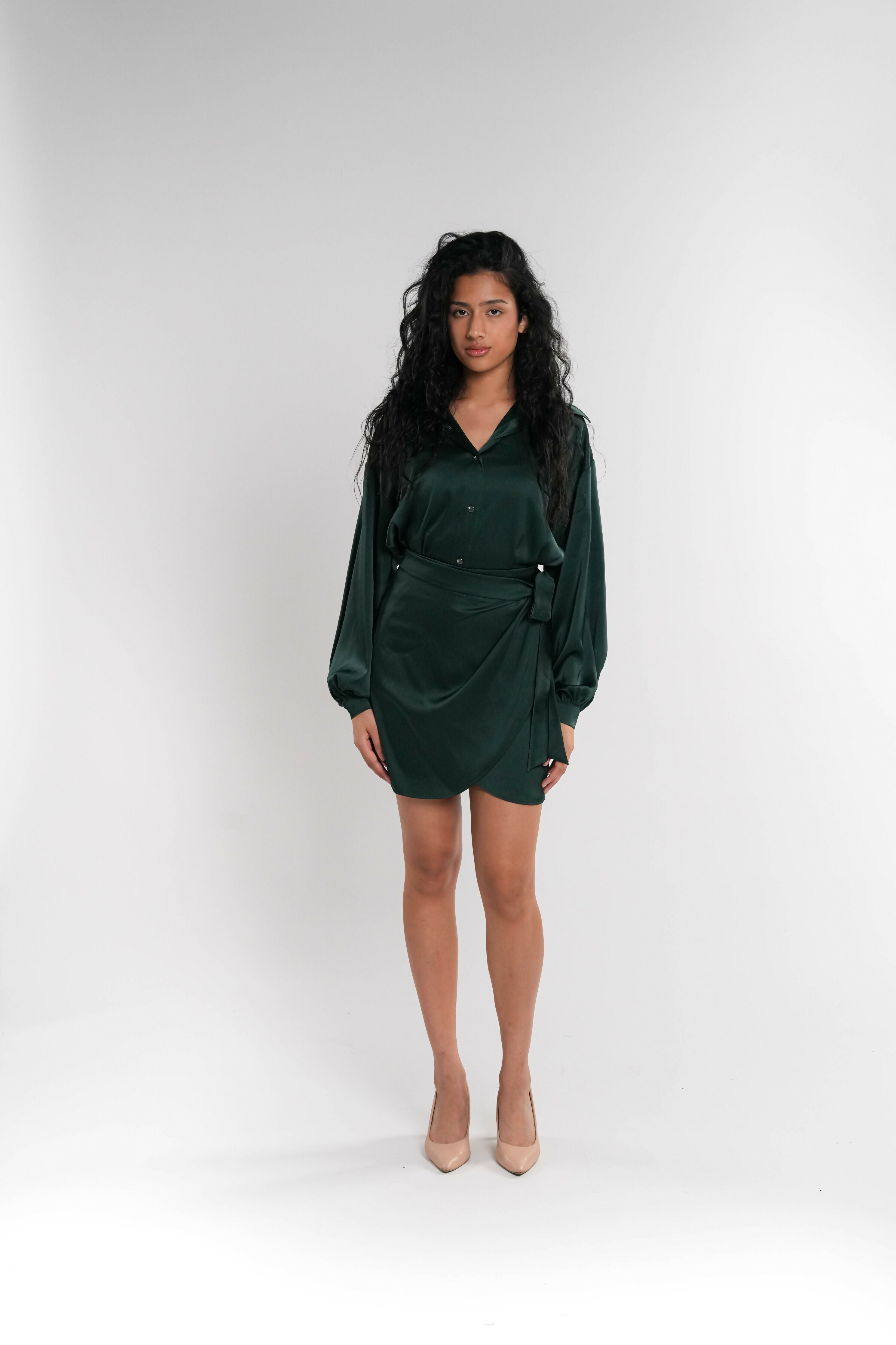 Green Satin Two-Piece Set (Blouse & Top)