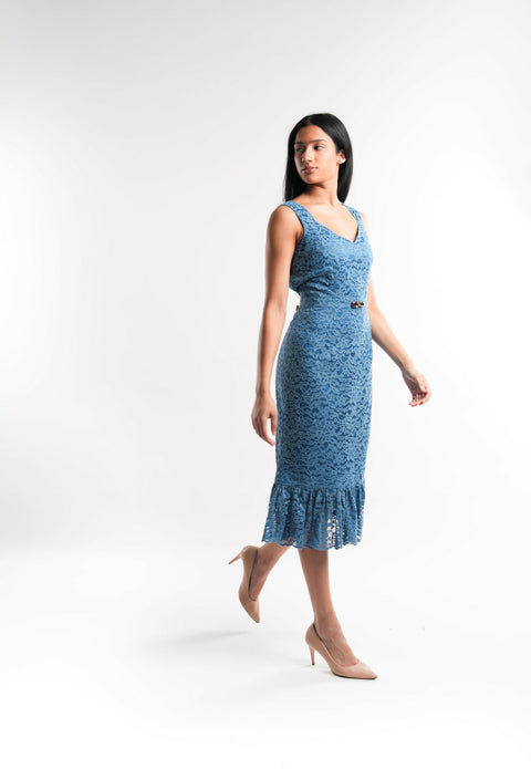 Blue Lace Dress with Crystal Waist Detail