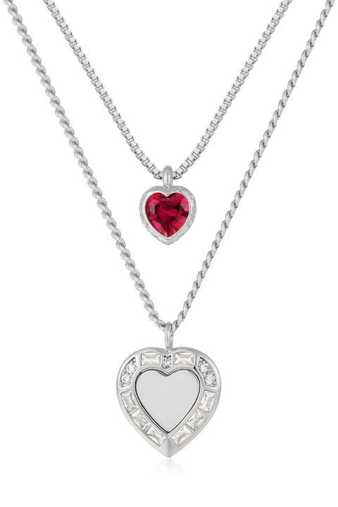 Double Heart Charm Necklace- Red/Silver