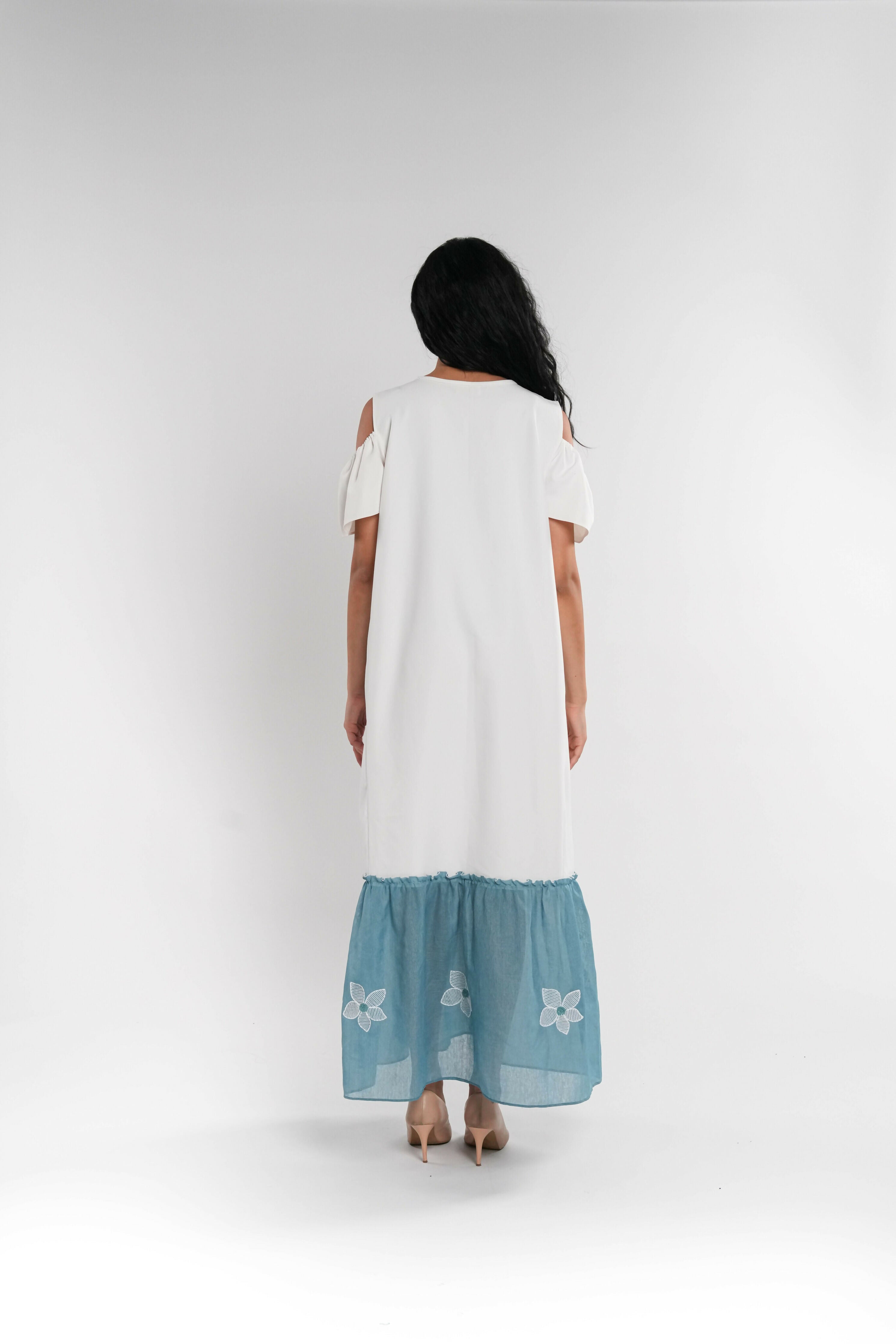 White & Blue Pearl Embellished Kaftan