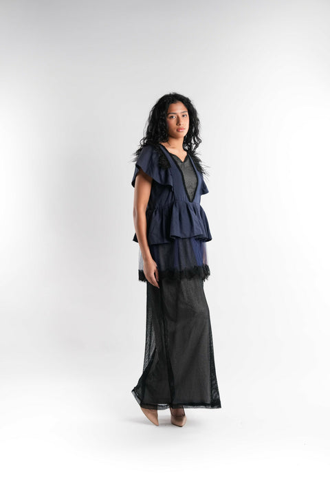 Patchwork Cotton Midi Dress in Blue