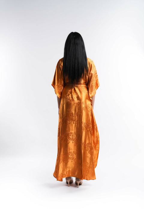 Yellow Satin Kaftan with Lace Detail