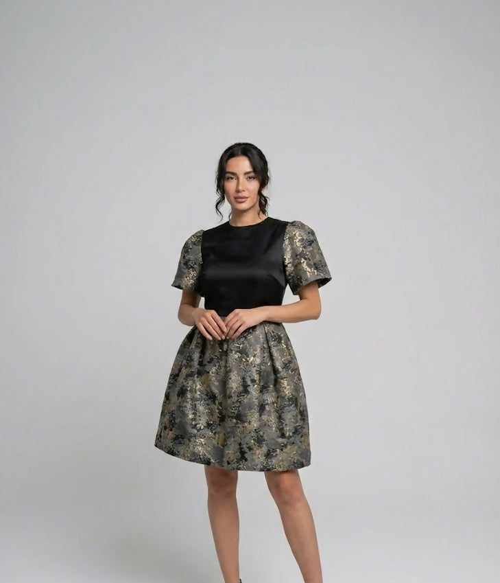 Luxury Black & Gold Organza Jacquard Mini Dress with Puff Sleeves