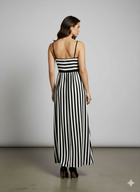 Striped Satin Midi Dress in White & Black