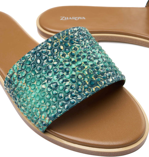 Zharova Green Leopard Flat Sandals