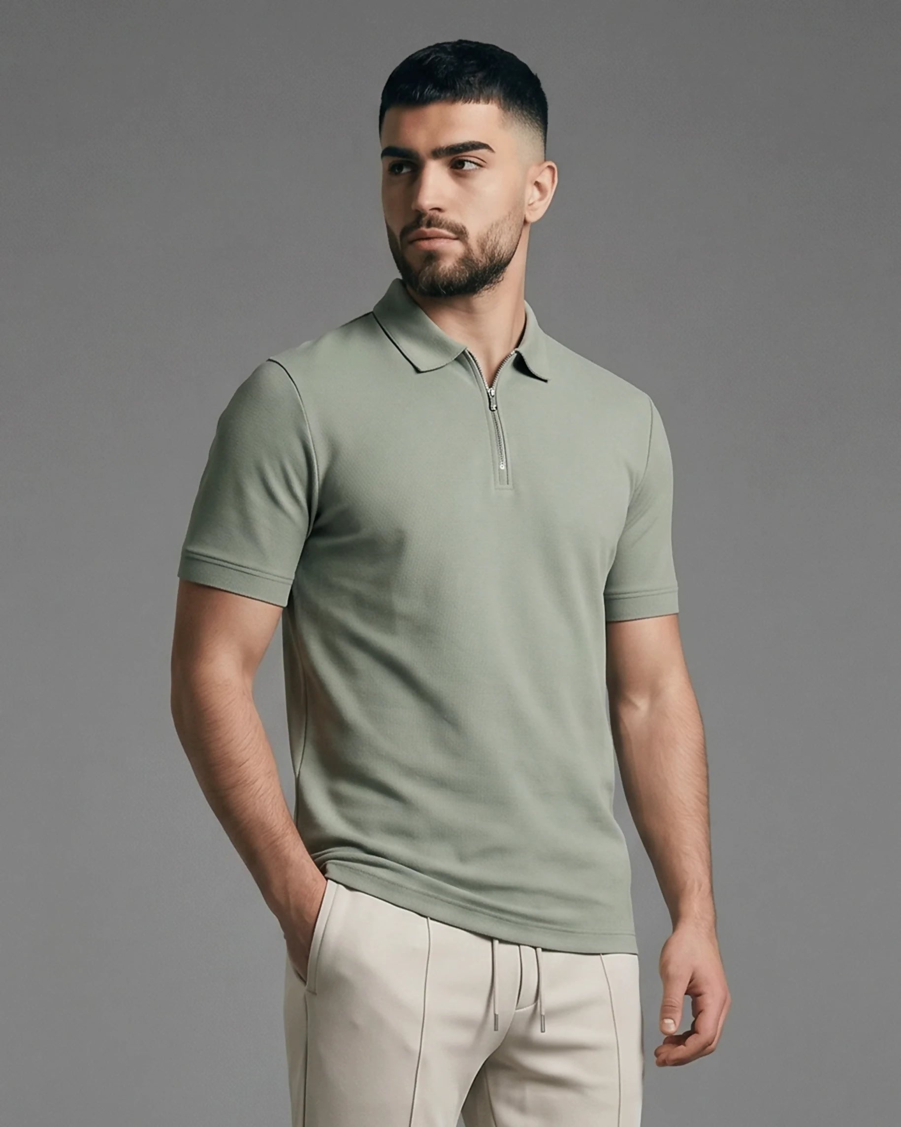 Half-Zip Textured Polo Shirt Green