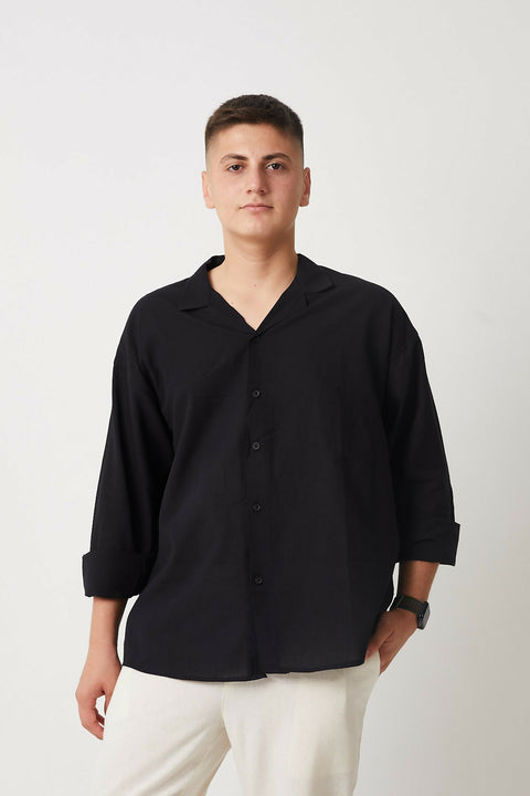 Apache Collar Long Sleeve Cotton Shirt - Black