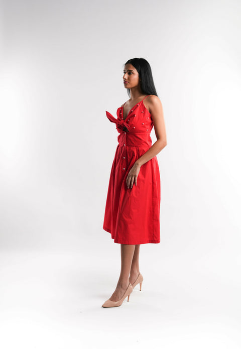 Red Cotton Dress with Pearl Details
