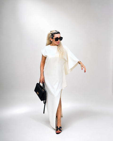 Icona Stile Minimalist Asymmetric White Maxi Dress with Side Slit