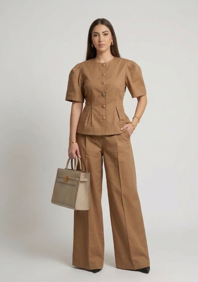 Exclusive Beige Two-Piece Set in Stretch Memory Taffeta