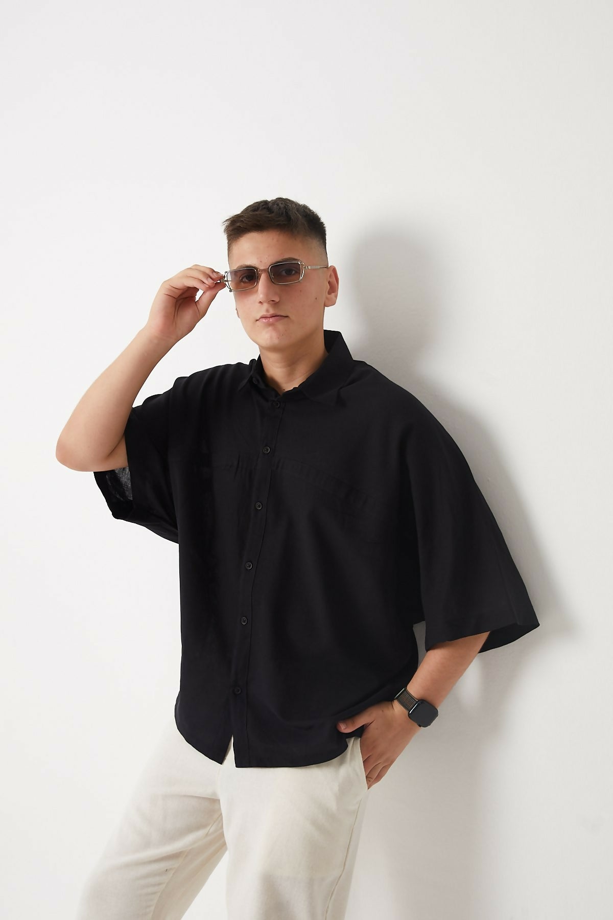 Front and Back Stitch Detail Oversize Cotton Shirt - Black