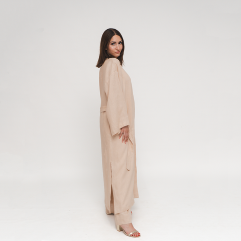 Reese, Italian Linen Kimono Midcalf Jacket in Beige