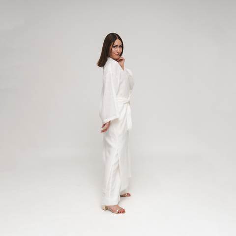 Reese, Italian Linen Kimono Midcalf Jacket in White