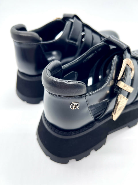 Black Platform Sandal – Leather Platform Sandal with Gold Buckle