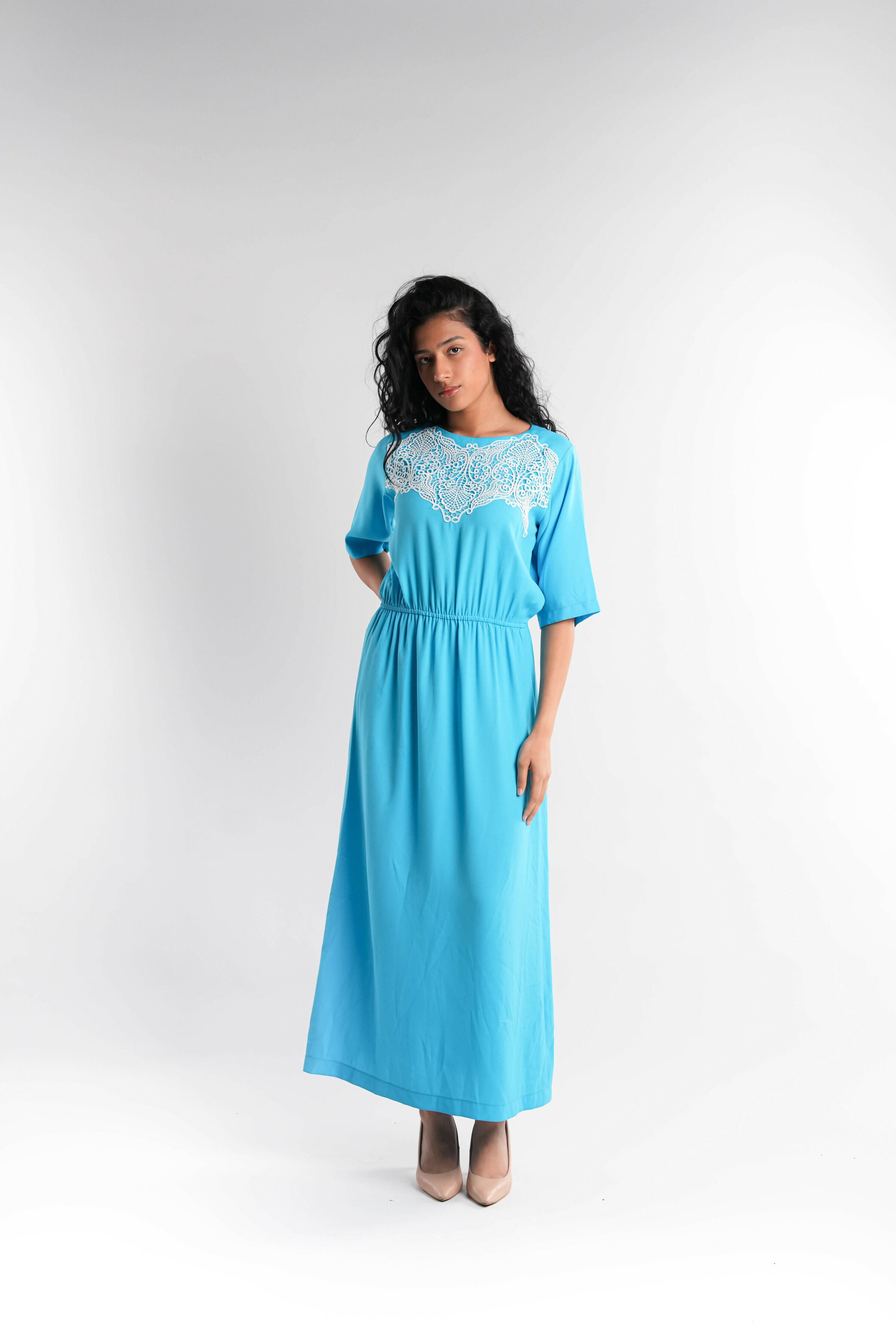 Blue crepe dress with white lace