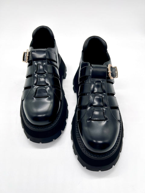 Black Platform Sandal – Leather Platform Sandal with Gold Buckle