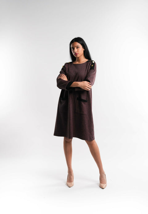Lined Wool-Blend Winter Dress in Burgundy