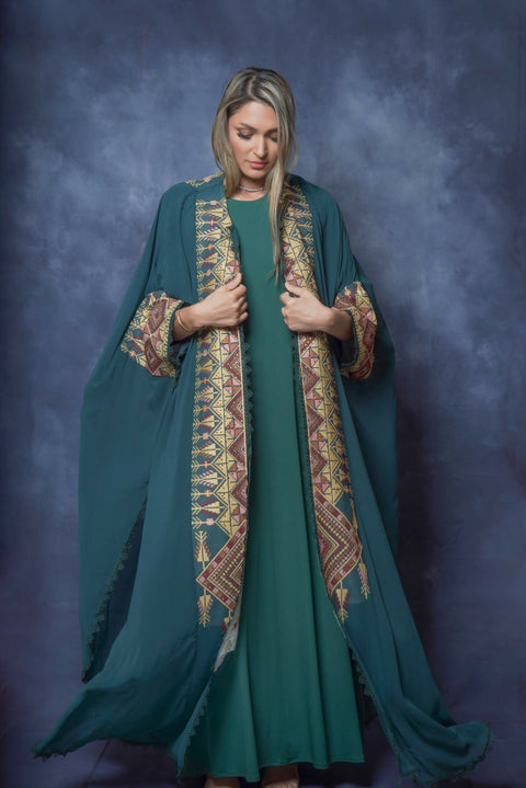 Handcrafted Embroidered Two-piece Silky Kaftan in Green Free Size