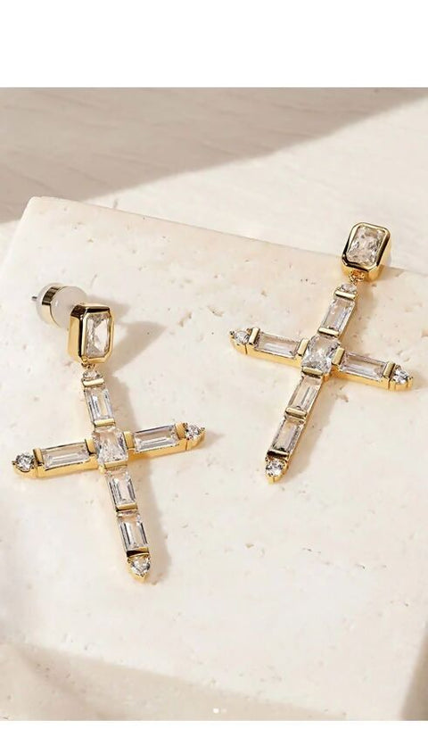 The Baguette Cross Earrings- Silver