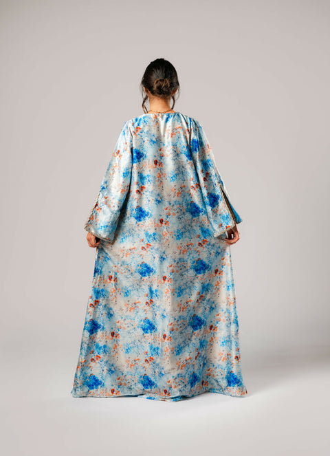 Dress-Jellabiya- Patterned Silk long Loose Style - With A luxury mixture of Blue -brown color-Sleeves with elegant lace
