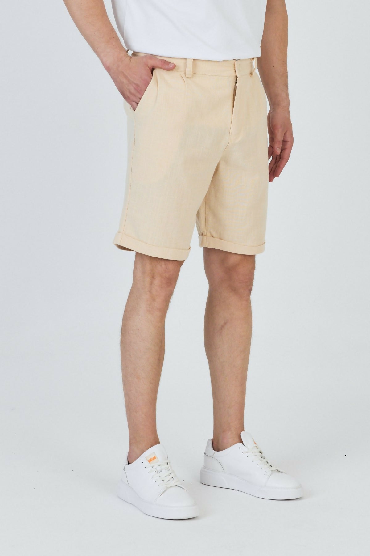 Zippered Linen Shorts with Single Back Pocket - Beige