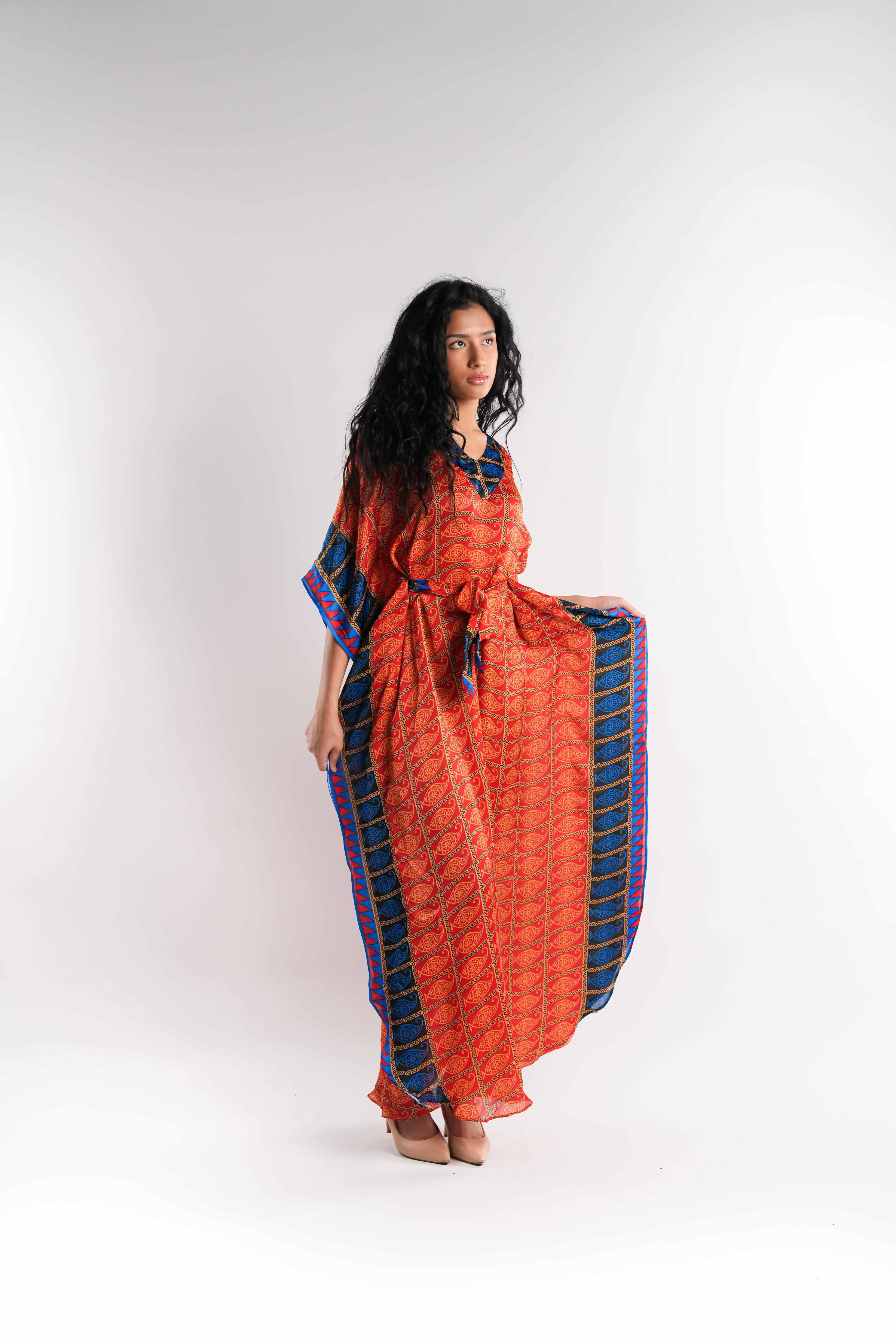 Multicolor Satin Kaftan with Belt