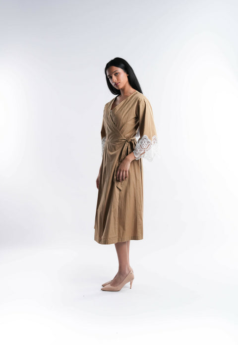 Brown Cotton Dress with White Lace Trim