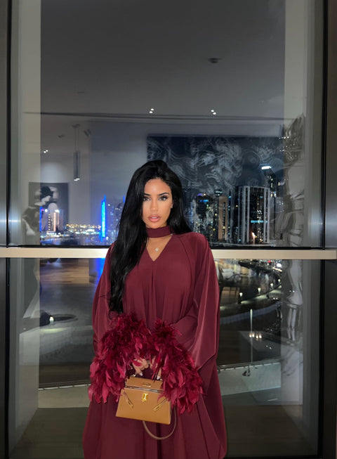 AMK COUTURE Abaya Feather Ruby Burgundy