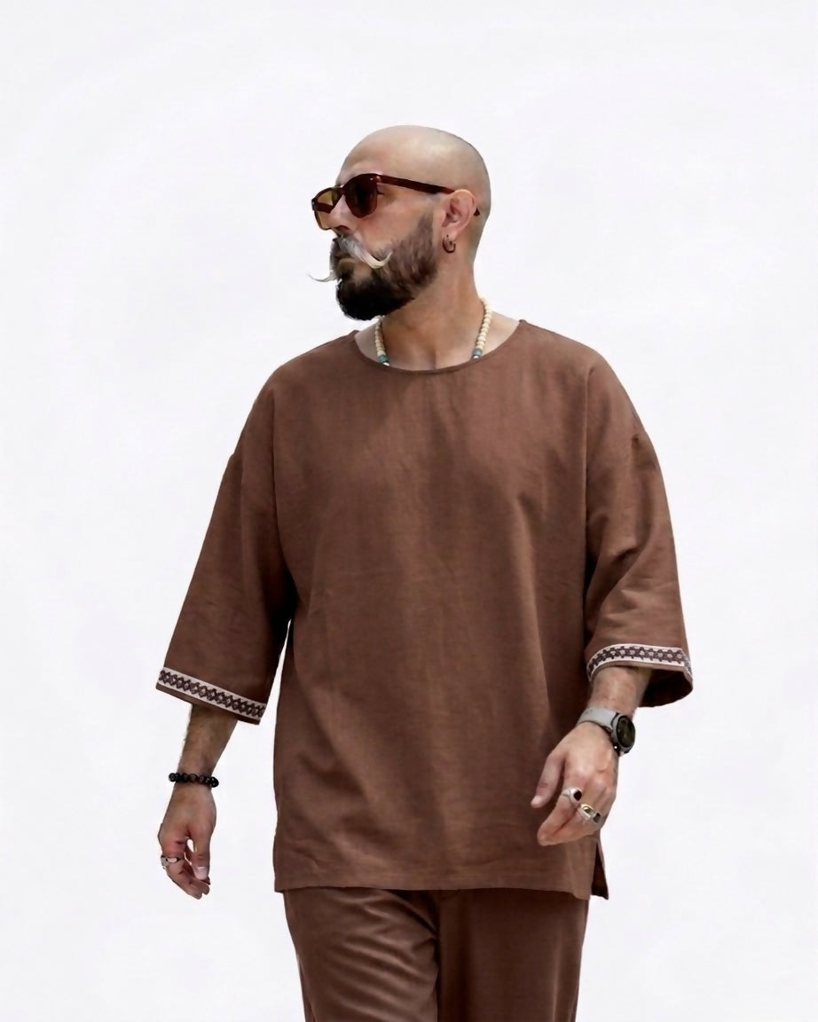 Harem Style Viscose Linen T-Shirt - Brown