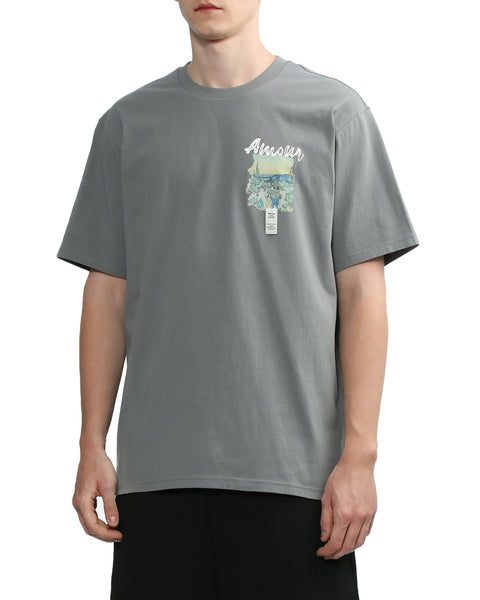 Amour Watercolor Print Short Sleeve T-shirt in Grey