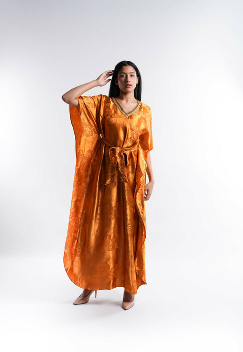 Yellow Satin Kaftan with Lace Detail