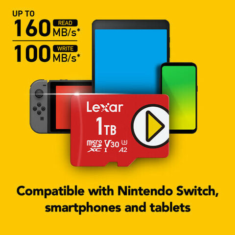 بطاقات LEXAR PLAY سعة 1 تيرابايت MICROSDXC UHS-I، بسرعة قراءة تصل إلى 160 ميجابايت/ثانية C10 A2 V30 U3 