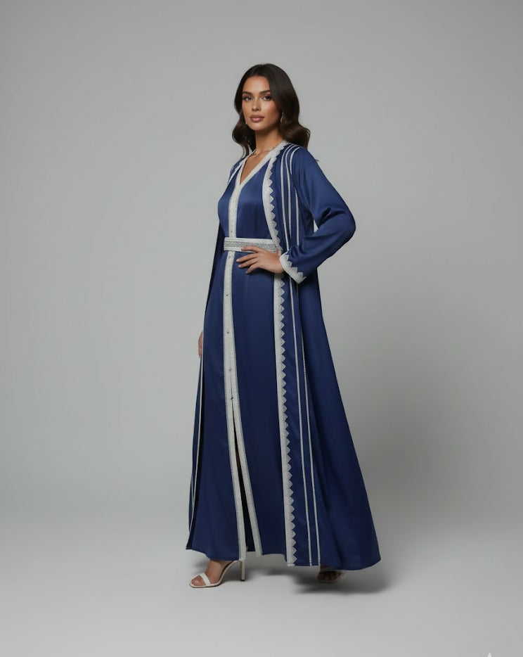 Handcrafted Embroidered – TWO Piece Kaftan Dress with belt – in striped elegant touch