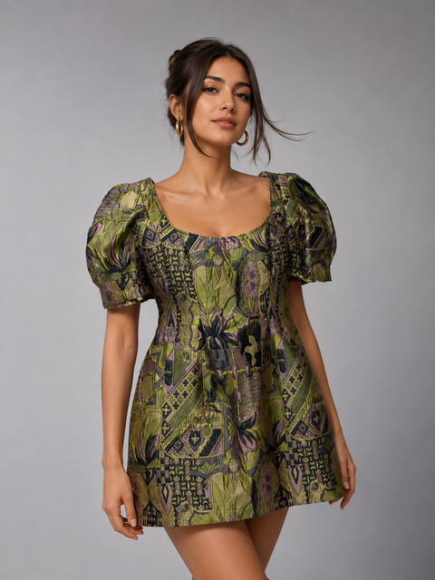 Icona Stile Jacquard Puff-Sleeve Mini Dress
