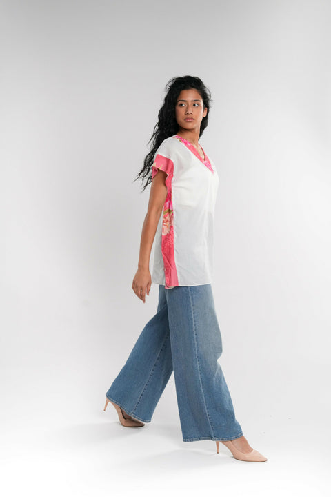 White Cotton Short Tunic with Contrast Panels