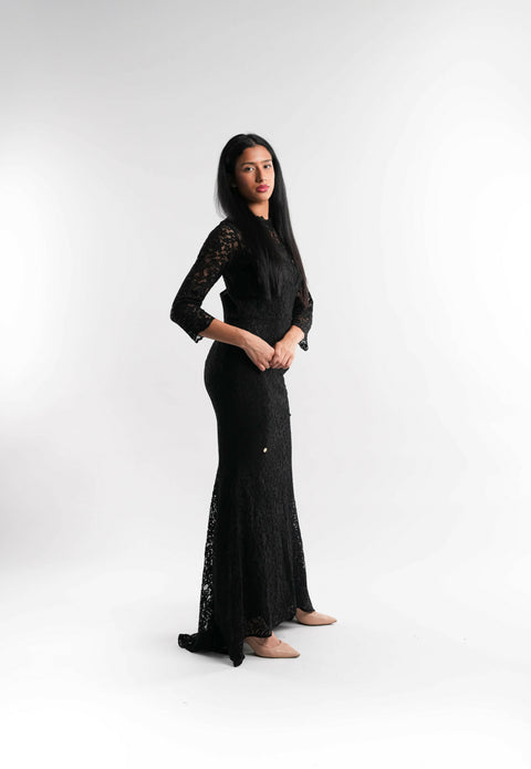Crystal-Button Lace Dress in Black
