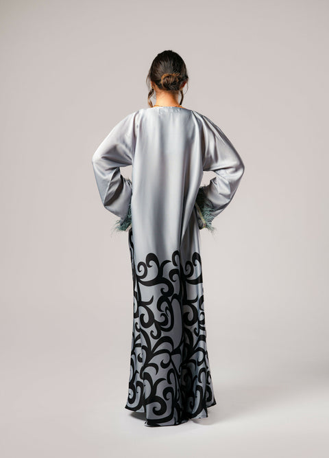 Dress-Jellabiya- Patterned Silk long Loose Style - With A luxury mixture of Gray and black color-Sleeves with lace and soft feathers