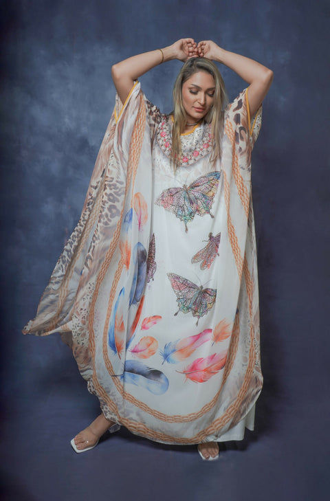 Handcrafted Embroidered Two-piece Silky Kaftan in Multicolour Digital Print Free Size