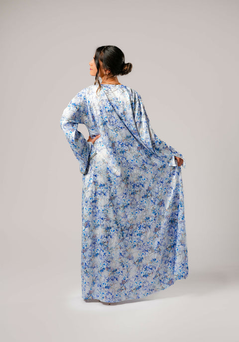 Dress-Jellabiya- Patterned Silk long Loose Style - With A luxury mixture of Blue Flowers color-Sleeves with lace