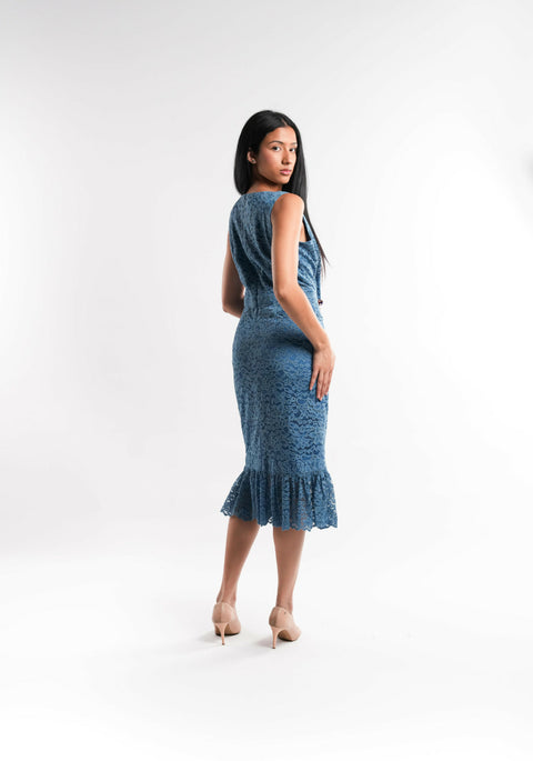 Blue Lace Dress with Crystal Waist Detail
