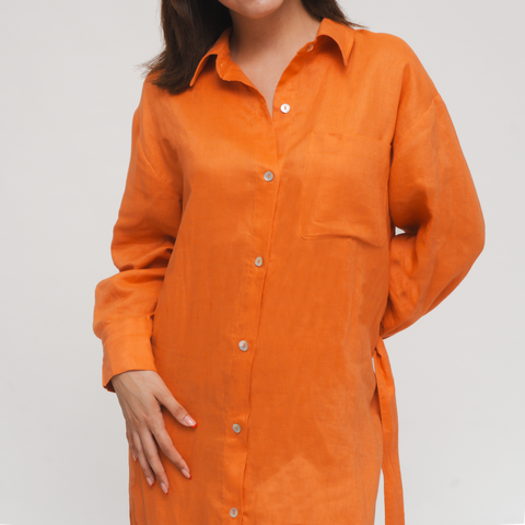 Clara, Tangerine Italian Linen Midcalf Dress