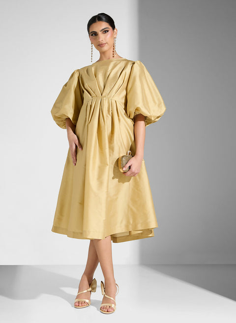 RUFFLE SLEEVE TAFFETA DRESS