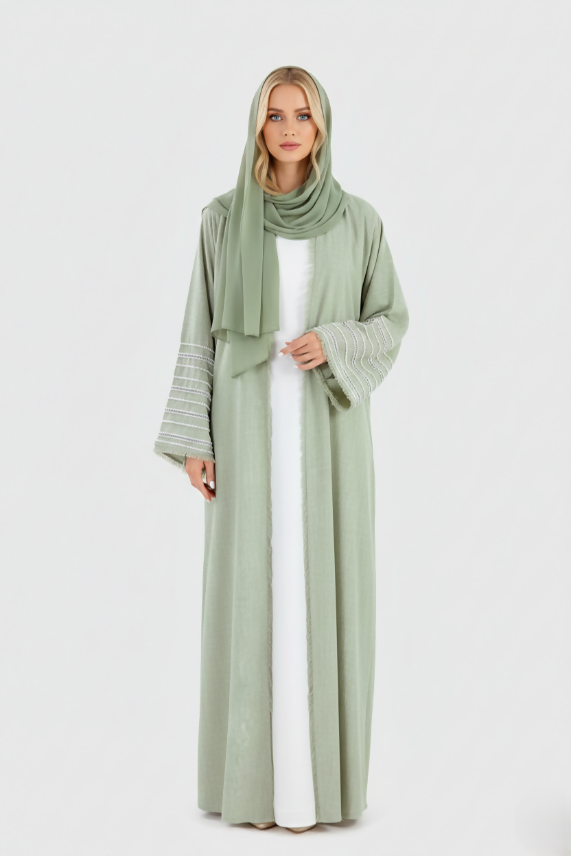 Margot Pearl Linen Abaya – 3-Piece Set in Mint