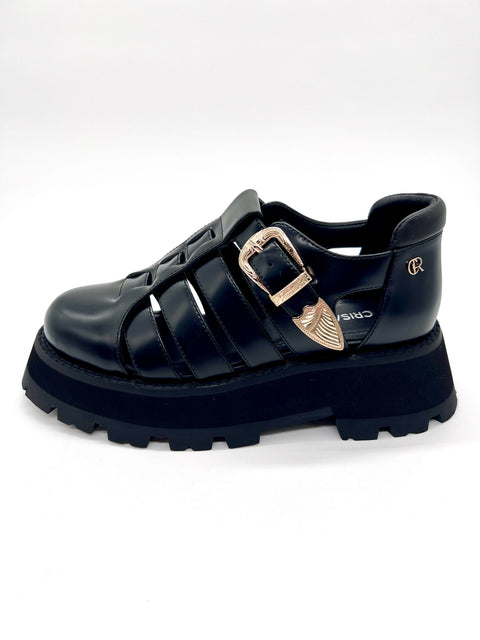 Black Platform Sandal – Leather Platform Sandal with Gold Buckle