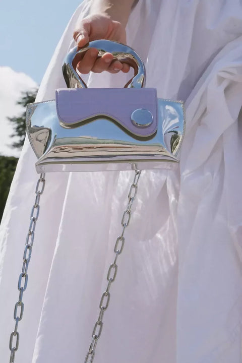 Lavender Crocodile Embossed Bag CRISANTA Crocodile-Embossed Mini Handbag with Sculptural Silver Handle