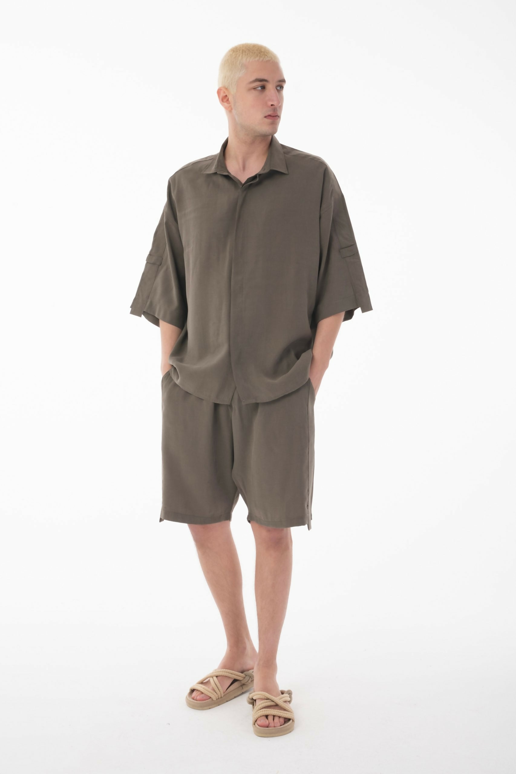 Stand Collar Modal Co-ord Set with Shirt and Shorts Details - Khaki