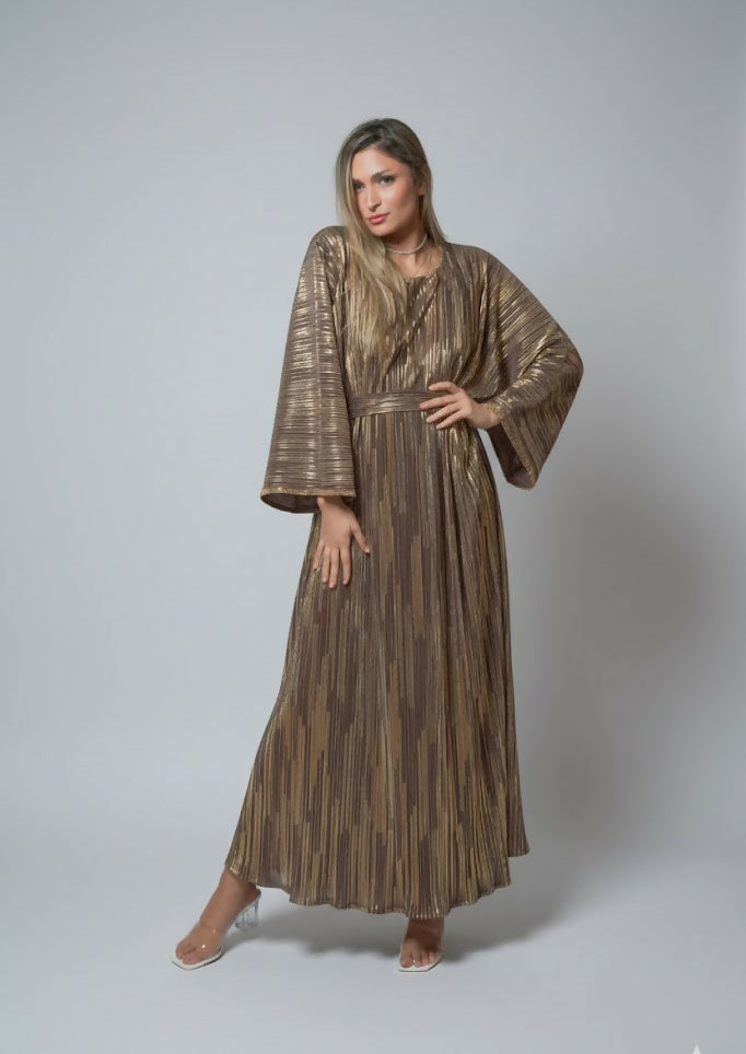 Modern Jalabiya with Belt and Golden Striped Sleeves in Brown Free Size