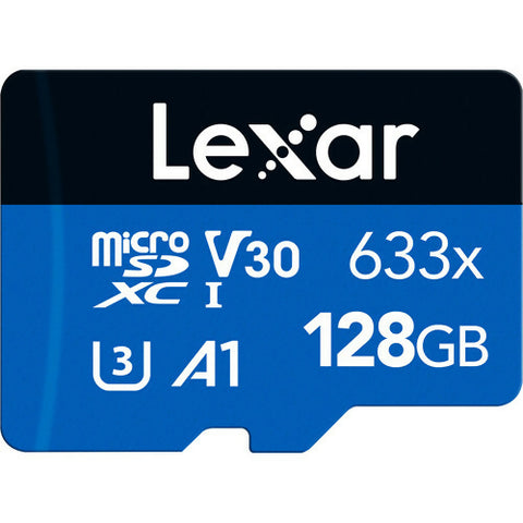 LEXAR عالي الأداء 128 جيجابايت 633X MICROSDXC UHS-I مع محول SD، سرعة تصل إلى 100 ميجابايت/ثانية، قراءة 45 ميجابايت/ثانية، كتابة C10 A1 V30 U3 