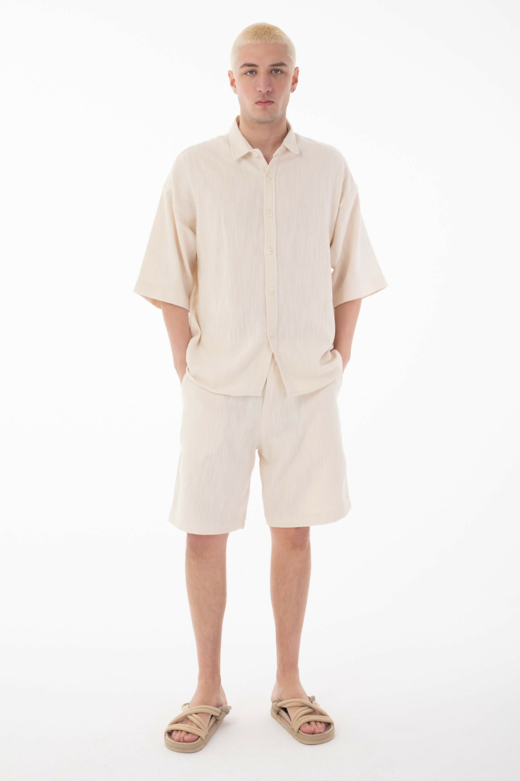 Linen Co-ord Set with Stand Collar Shirt - White