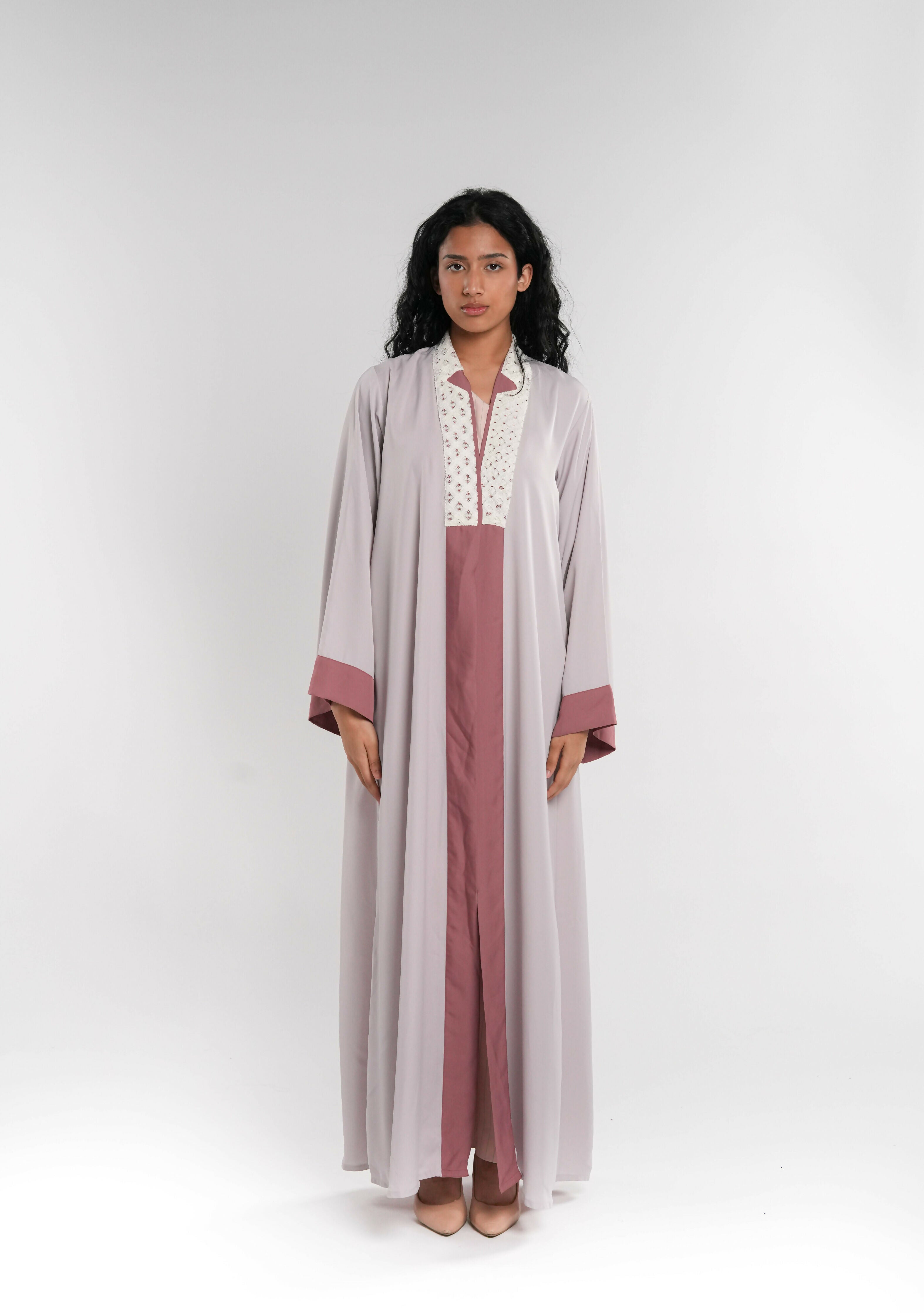 Pink & Grey Lace Neck Abaya with Shaila